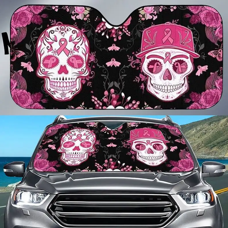 

Розовый тент для татуировки с черепом от солнца, осведомленность о раке груди, розовая лента, солнцезащитный козырек на лобовое стекло, Хэллоуин, автомобильный солнцезащитный козырек