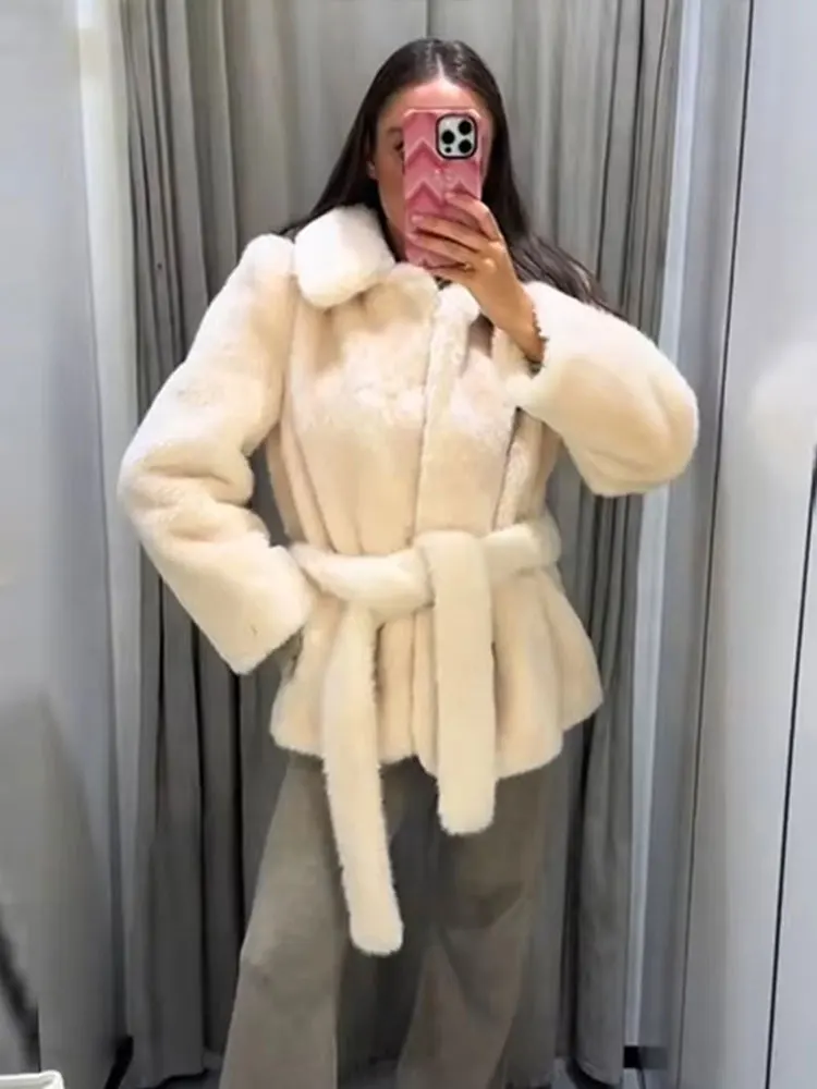 HH Women Elegant Solid Faux Fur Coats Lapel Long Sleeve Belt Jackets 2025 Autumn Winter Casual Loose Warm Lady Street Outwears