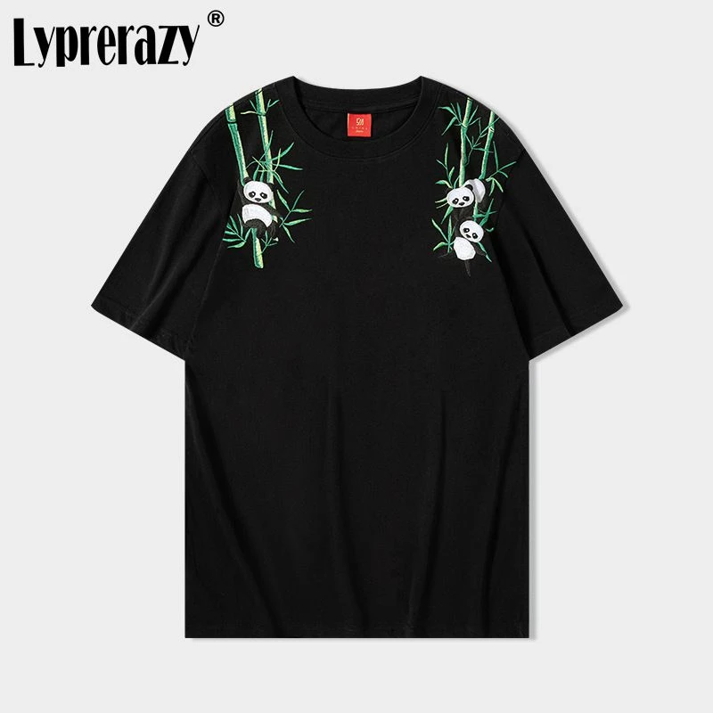 

Lyprerazy National Tide Embroidered T-shirt Chinese Style Panda Summer Cotton Loose Tops Tees