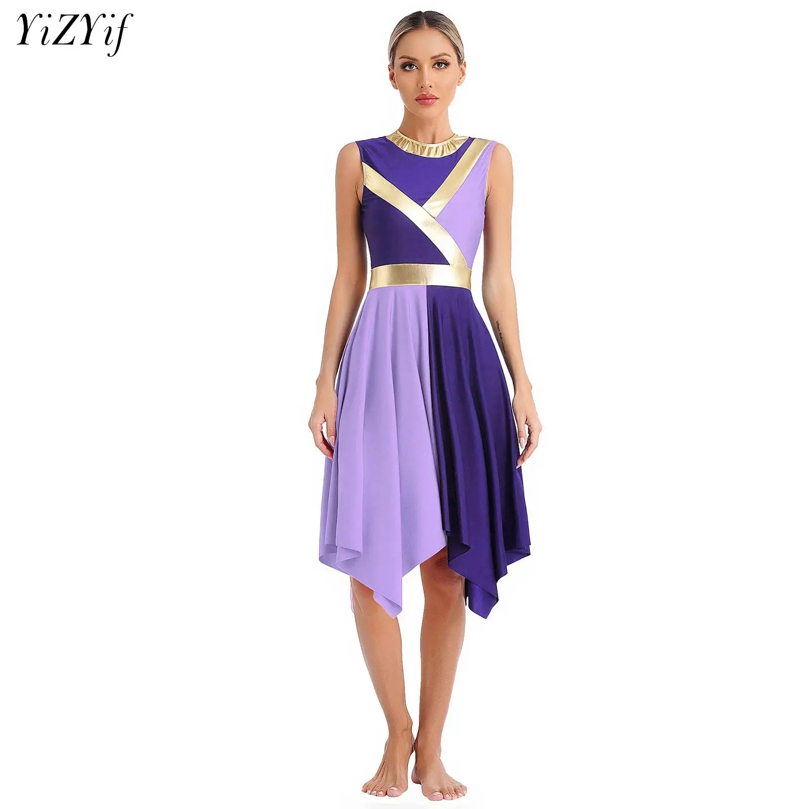

Womens Ballet Dress Worship Liturgical Tunic Lyrical Dance Performance Dresses Asymmetrical Hem Sleeveless Ballroom Dancewear