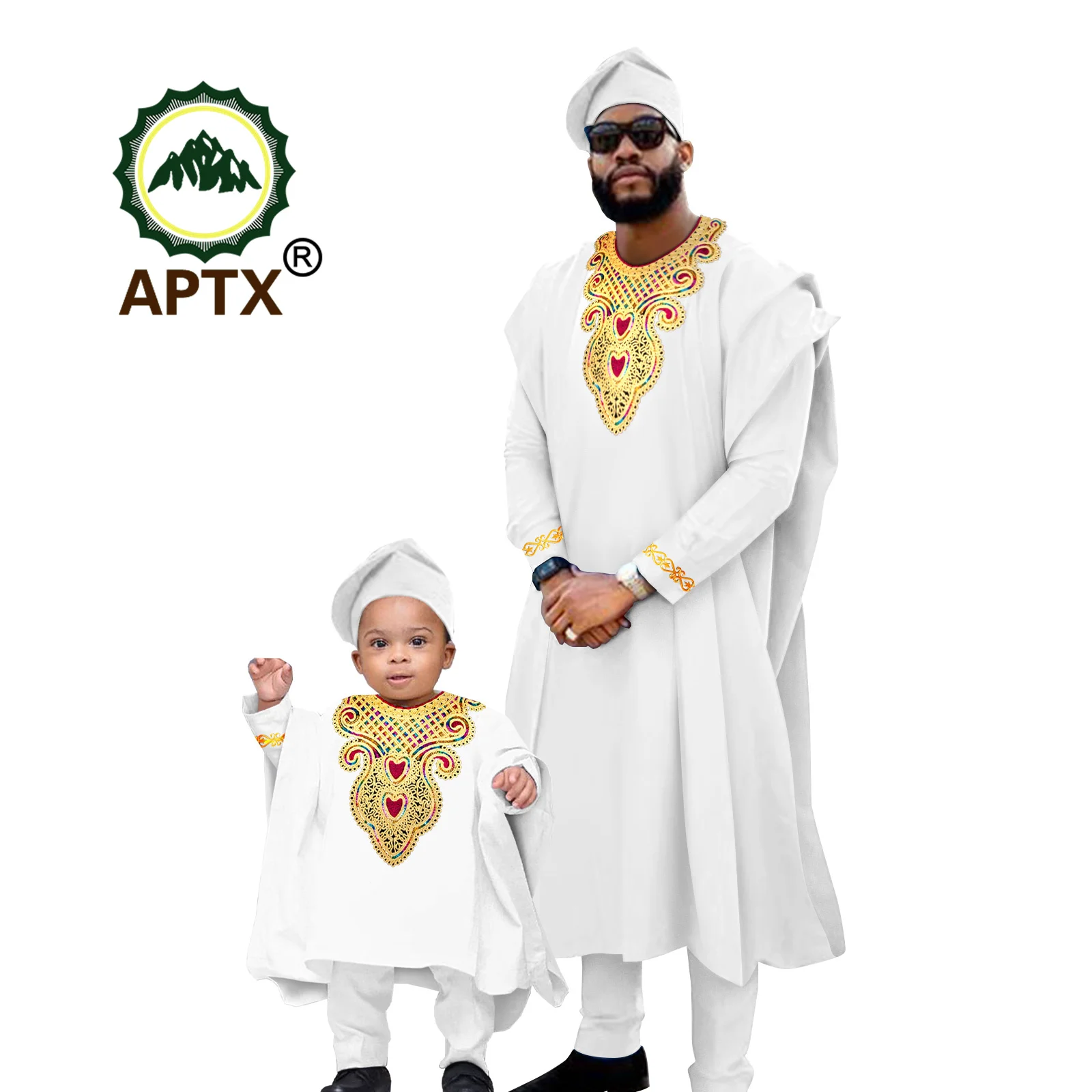 

African Clothes for Family Dashiki Father and Son Suits Outfit Agbada Robe Shirt and Pants Hat 4 Piece Sets F234002