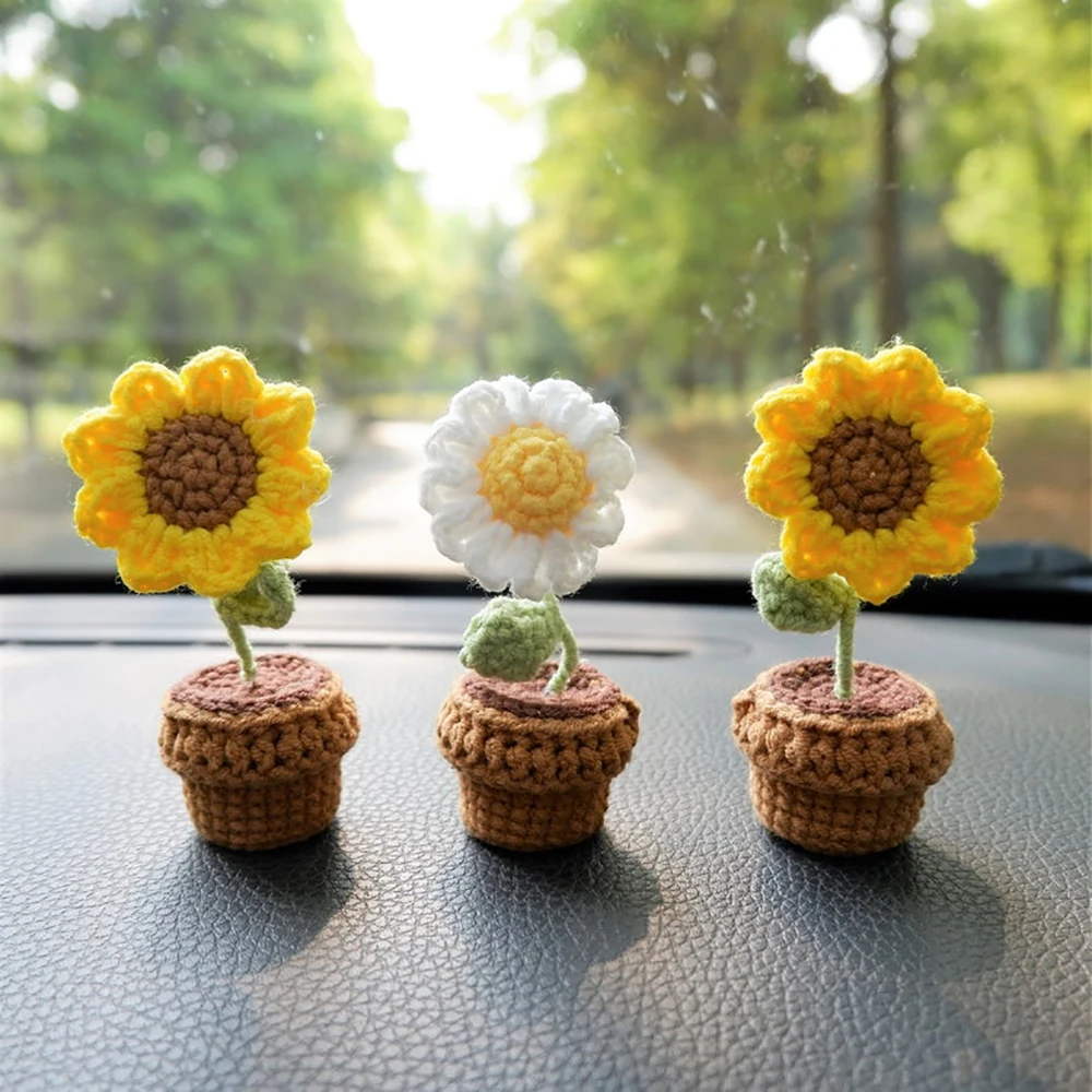 Mini Sonnenblume/Gänseblümchen Blume Autozubehör, niedliche Häkel Mini  Topfpflanze Auto Armaturen brett Dekor, Boho Auto Interieur Zubehör -  AliExpress