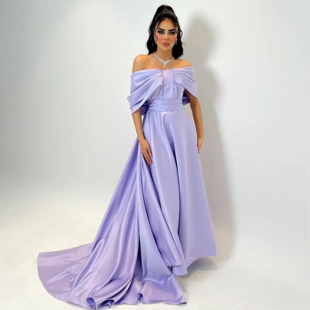 

Vintage Long Satin Off Shoulder Lilac Evening Dresses فساتين السهرة Mermaid Sweep Train Pleated Party Dress for Women