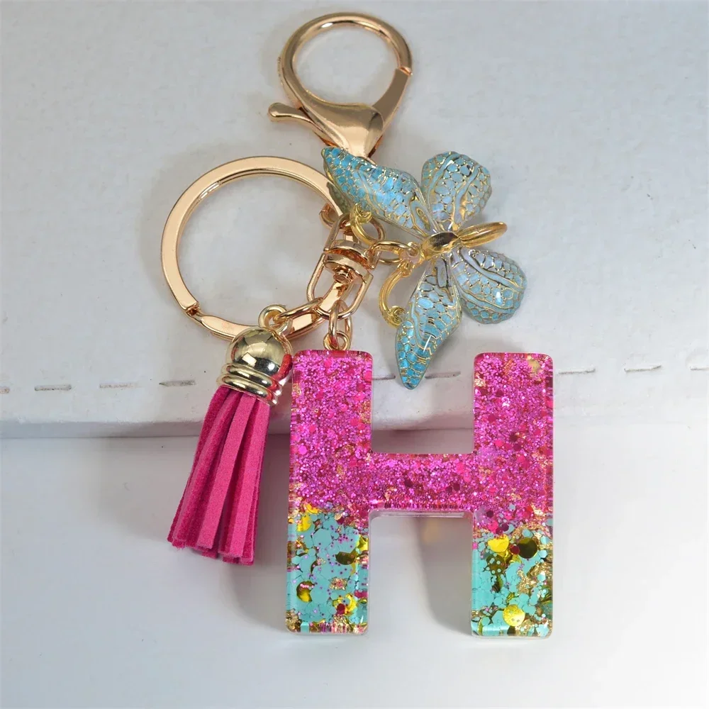 Pink Blue Color Letter Keychain Women Purse Decor Resin Sequin Initial Alphabet Key Rings With Tassel Butterfly For Couple Gifts