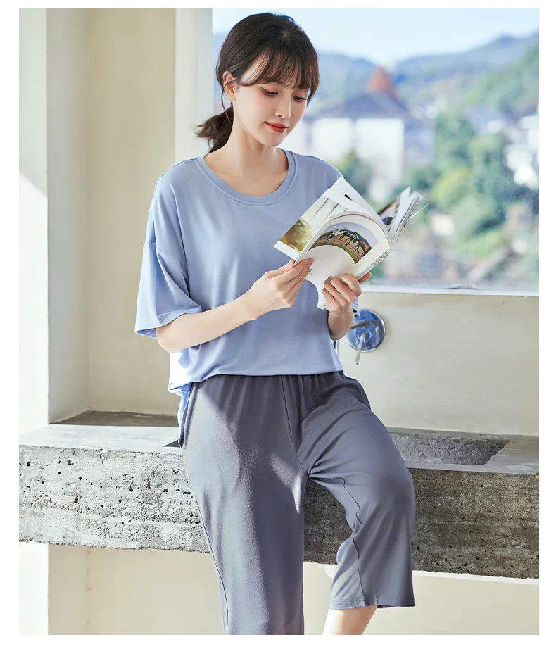 Women Pajamas Sets 2 Pieces Solid Pijama Modal O-Neck Pyjama Female Sleepwear Short Sleeve Top Shorts Suits Homewear Nightwear