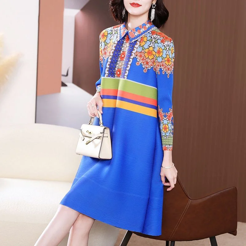 

Dress Spring Women 2023 New Style Temperament Polo Neck Ethnic Style Fold Loose Design Feel Printed Skirt Dress Female Tops
