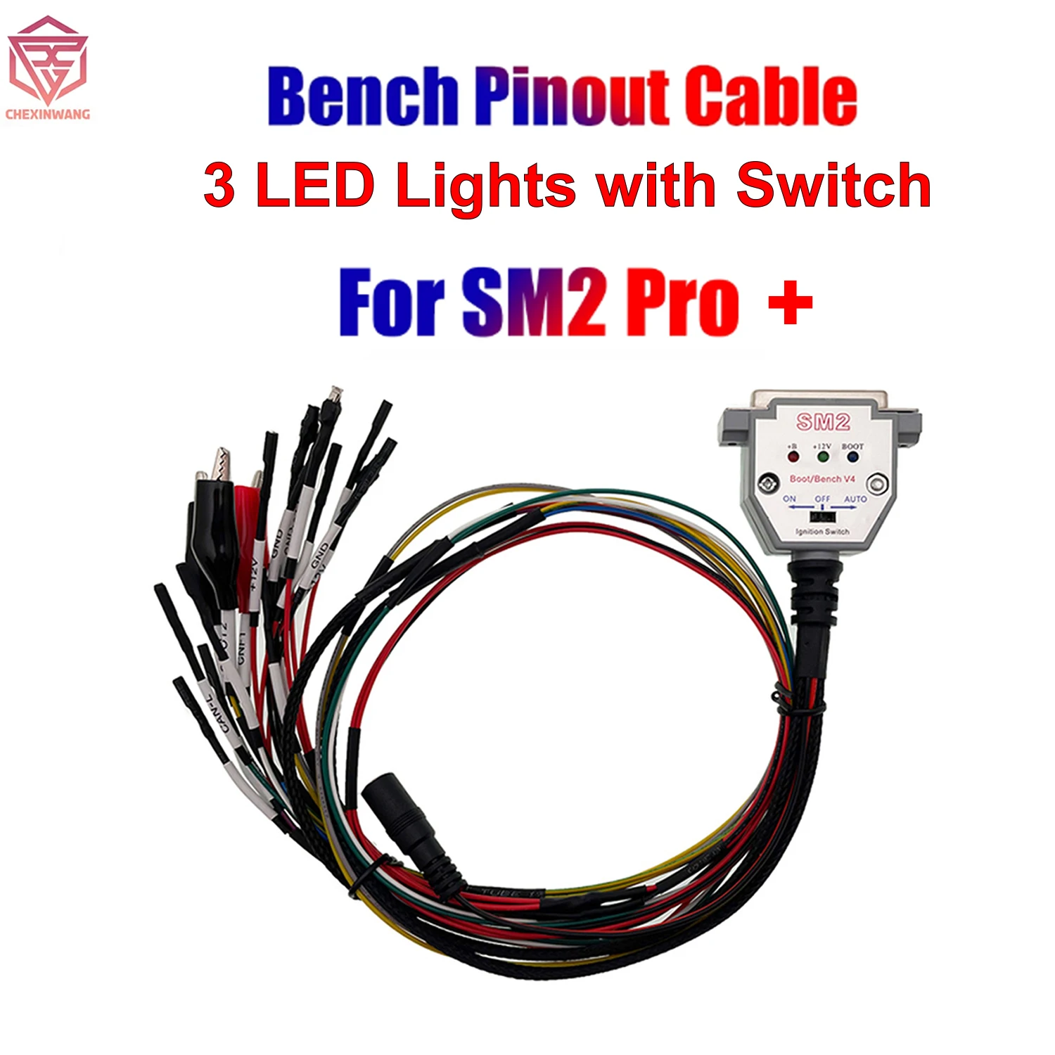 

3 LED LIGHTS with Switch Boot Bench Cable DB25 ECU Bench Pinout Cable for SM2 PRO+ J2534 VCI Read Write ECU BATT VCC KLINE CAN-L