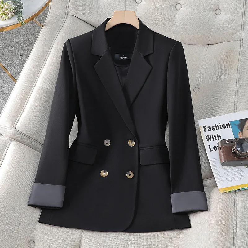 ZJYT Double Breasted Blazer for Women Spring Autumn Jackets Coats Long Sleeve Turn Down Collar Outerwear Office Work Veste Femme