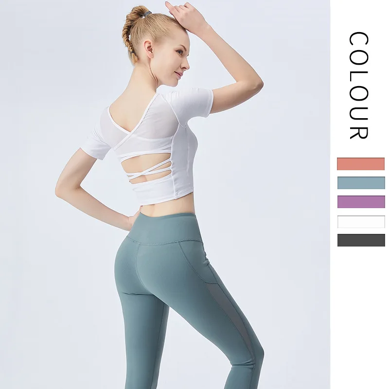 

Workout Shirts White Long Sleeve Sports Top Mesh splice Fitness Shirt Sexy Yoga Top with Built In Bra Quick Dry Crop Top