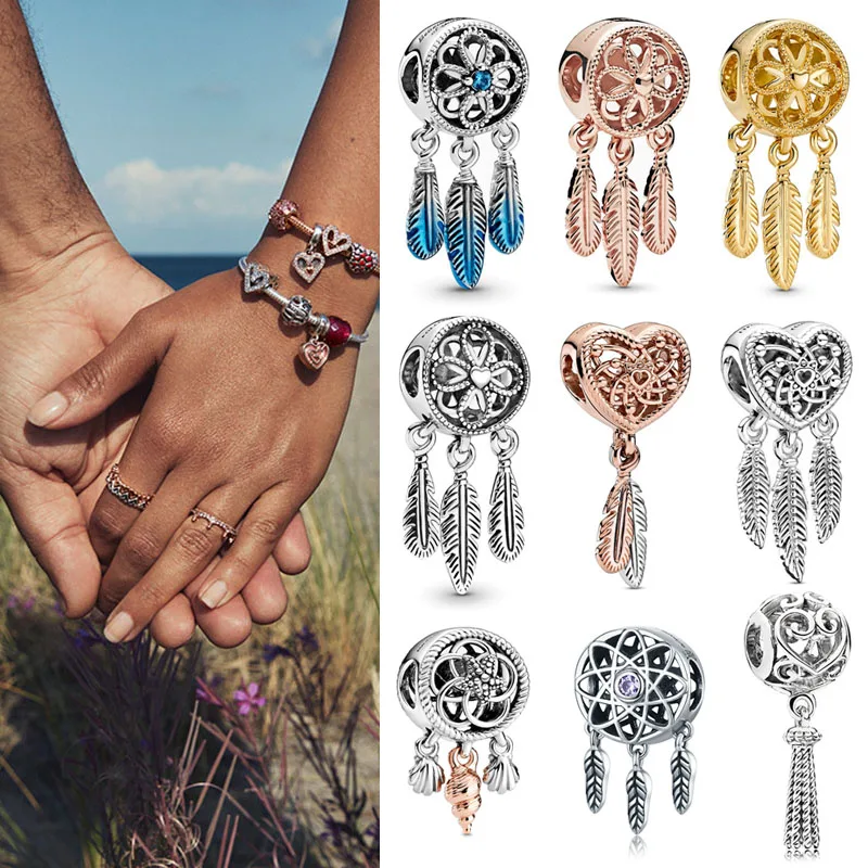 925 Sterling Silver sacred feather dream catcher beads suitable for the original women's bracelet necklace DIY jewelry