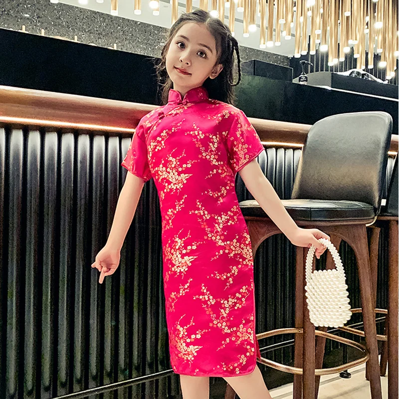 새해 중국 전통 드레스 아이 당나라 qipao 드레스 소녀 hanfu 현대 중국어 cheongsam 실크 드레스 현대 스타일 레드
