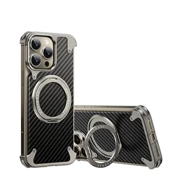 Oatsbasf Magnetic Phone Case with Rotatable Ring Kickstand and Carbon Fiber Texture for iPhone 16 Pro (Titanium)
