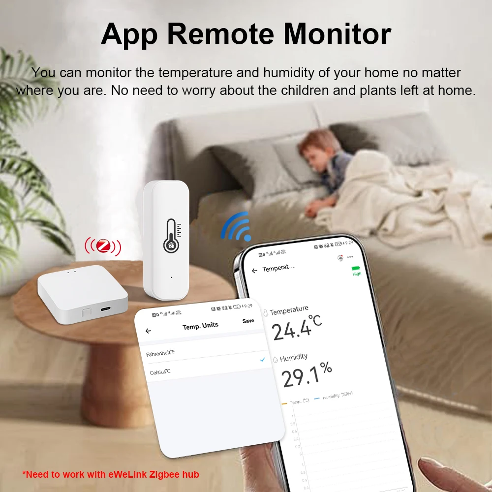 Ewelink ZigBee Smart Temperature Humidity Sensor Battery Powered APP Control The