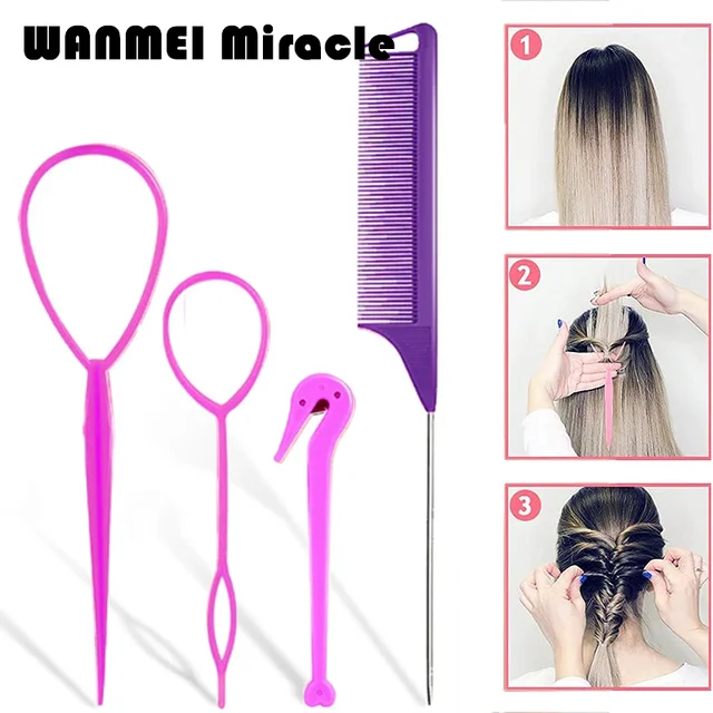 4 pièces outil de tressage français boucle coiffure bandes de cheveux élastiques queue de Rat peigne femmes filles coiffure tresses outil boucle cadeaux 1
