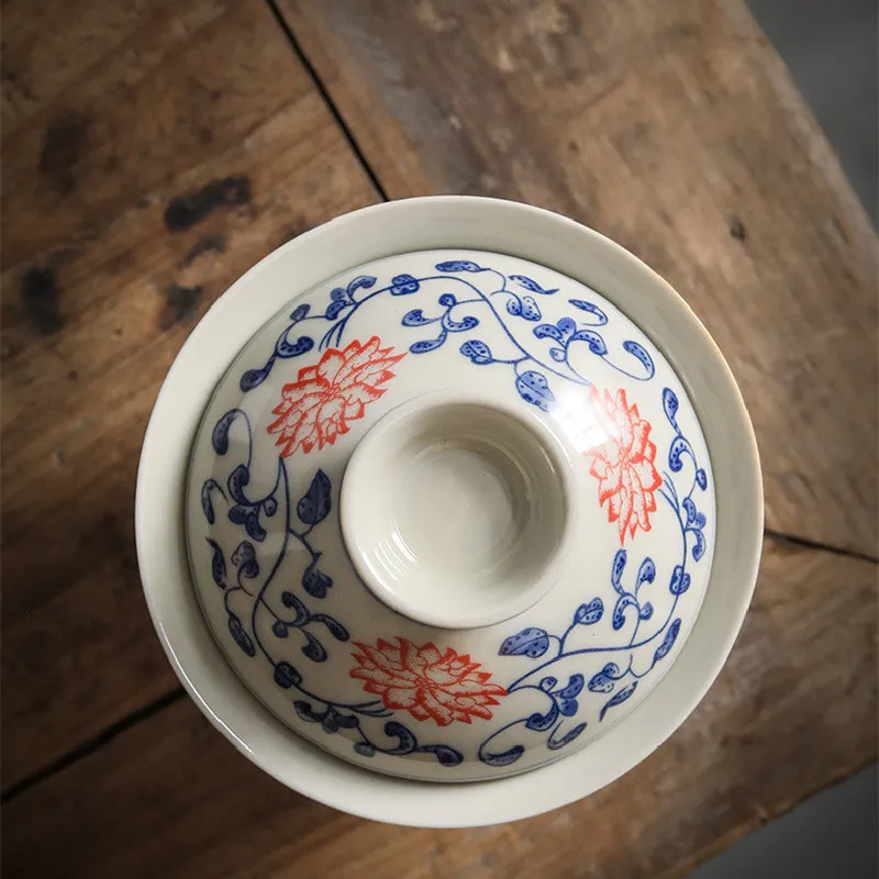 Retro Blue and White Tea Tureen Teacup Ceramic Kung Fu Tea Set Single Pot Bearing Large Three-talent Cup Bowl Gift Box