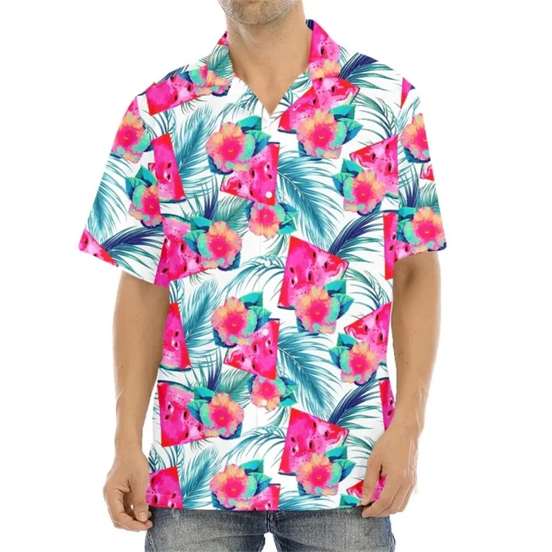 thumbnail image 1 of Camisas hawaianas con estampado completo de frutas y sandía para hombre, camisas casuales de manga corta con botones para playa, camisetas de vacaciones para hombre, 1 of 5