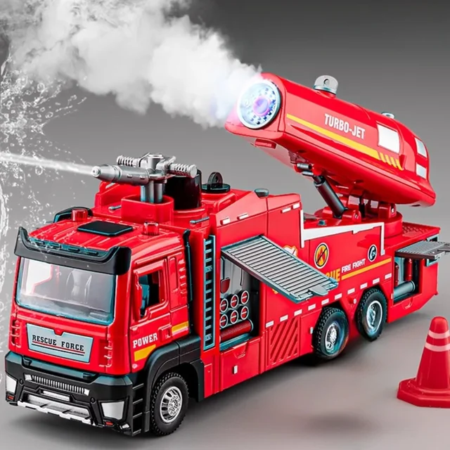 1:32 Scale Water Spray Fire Truck Model Ladder Trucks Toy Car Sound Light Pull Back Doors Opened Vehicle Collection Boys Gift 1