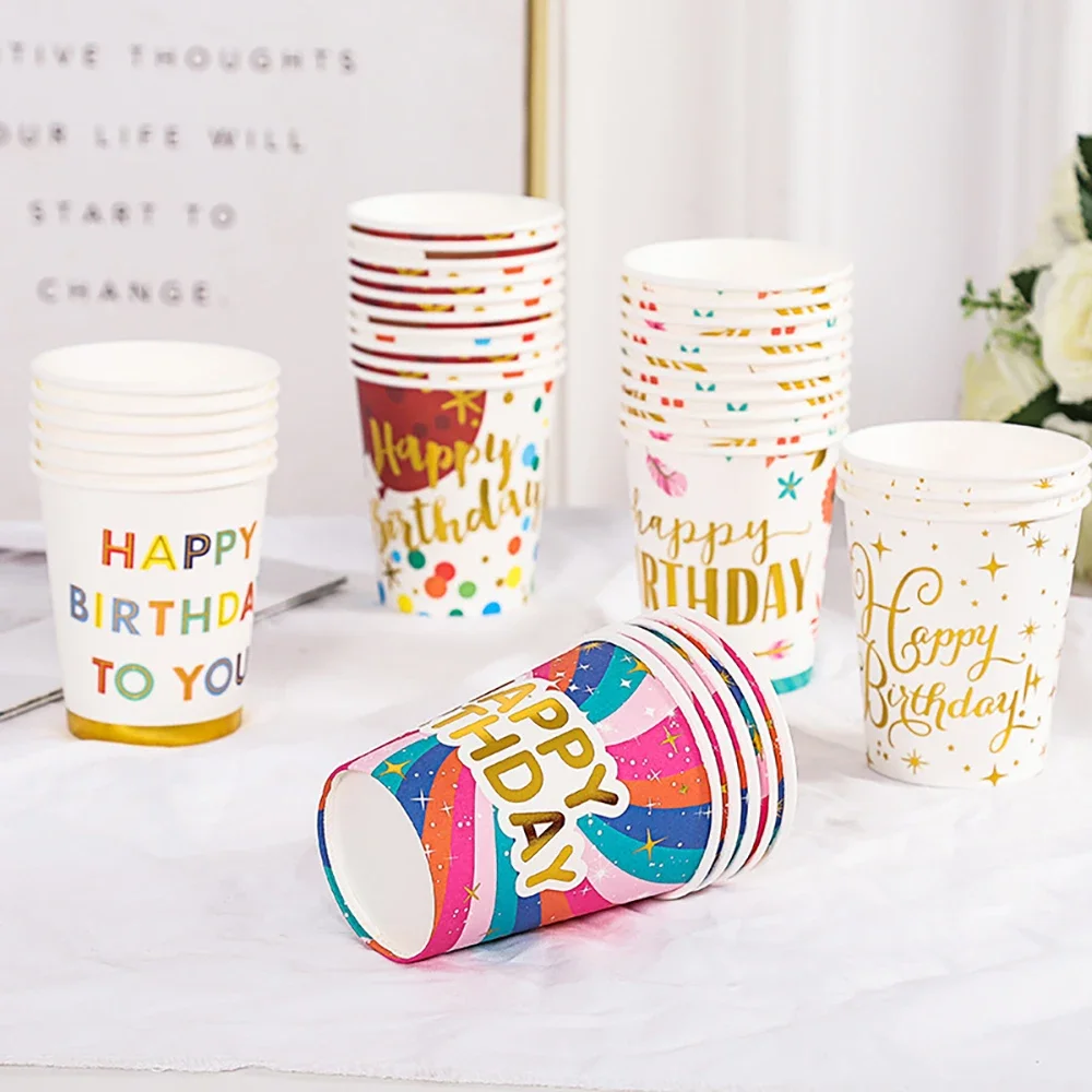 10PCS 9 Oz 250ml Happy Thickened Disposable Paper Cup Raw Wood Pulp Children's Birthday Party Supplies