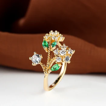 Delicate Plant Leaf Flower Rings For Women Gold Color Green White Zircon Stacking Wedding Bands Ins Thin Ring Party Jewelry