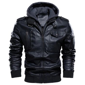 Man Winter Thick Warm Vintage Hooded Collar Club Bomber Leather Coats chaqueta Motorcycle Jacket Men Casual PU Leather Jackets 1