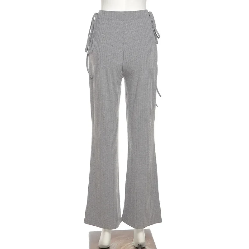 2024 Spring Female High Waist Streetwear Drawstring Bandage Casual Full Length Pants Women Slim Bell Bottom Ribbed Knitted Pants