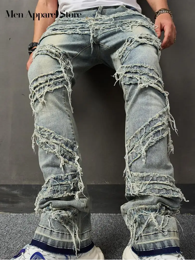 Vintage Stylish Ripped Patch Jeans Pants Men Solid Casual Straight
