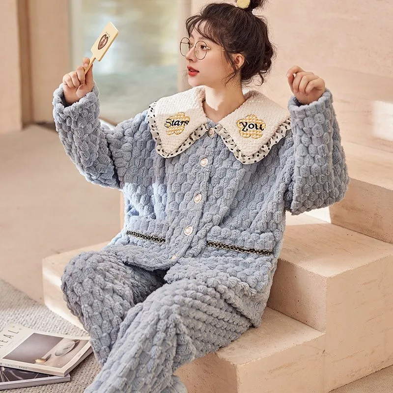 2024 New Coral Fleece Pajamas Women Autumn Winter Nightgown Thickened Warm Sleepwear Simple Girls Polo Collar Home Clothing Set