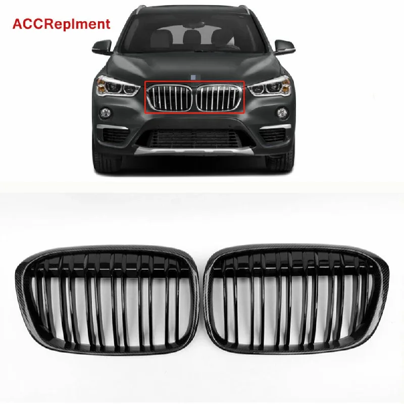 

Carbon Fiber For BMW X1 F48 F49 2016-2020 Car Front Bumper Grilles Racing Grill Kidney Dual Line Grills Gloss Black Grille