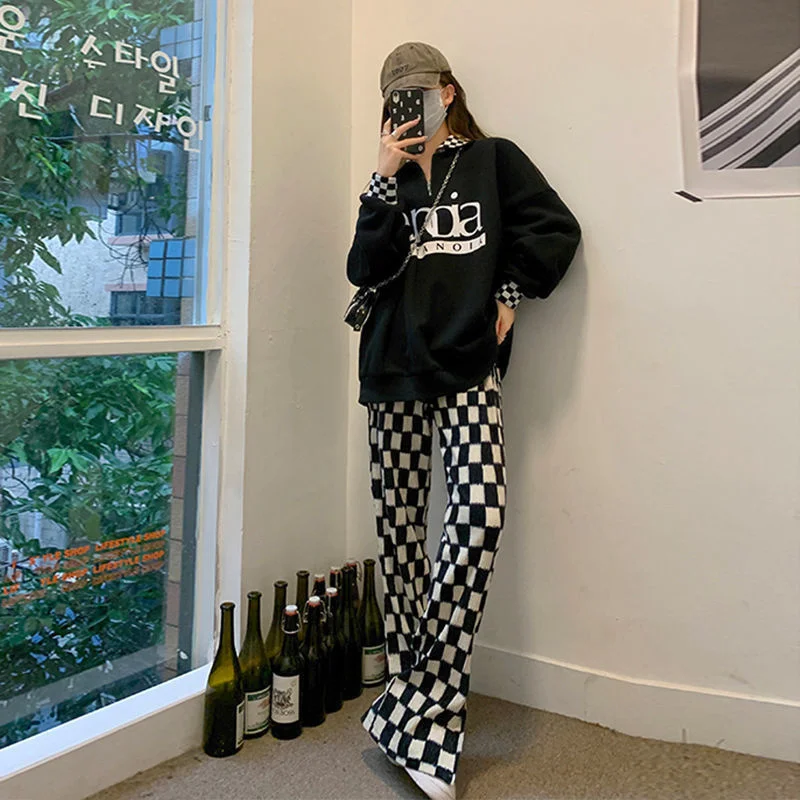 khaki pants Checkerboard Flares Leggings Pants Plaid Pants Wide Leg High Waist Women Summer Autumn Thickened Loose Korea Fashion Boot Pants track pants