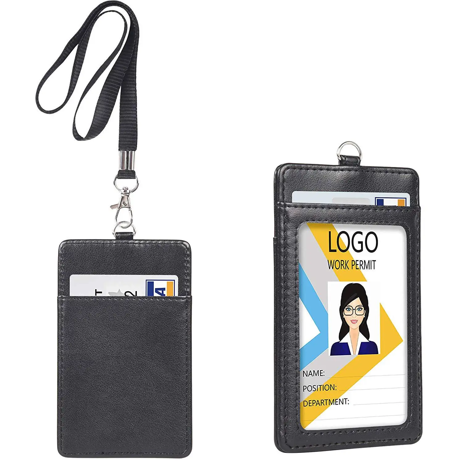 

Vertical PU Leather Badge Holder with 1 Clear ID Card Window 1 Card Slot and 1 Neck Lanyard for Office School ID Credit Card
