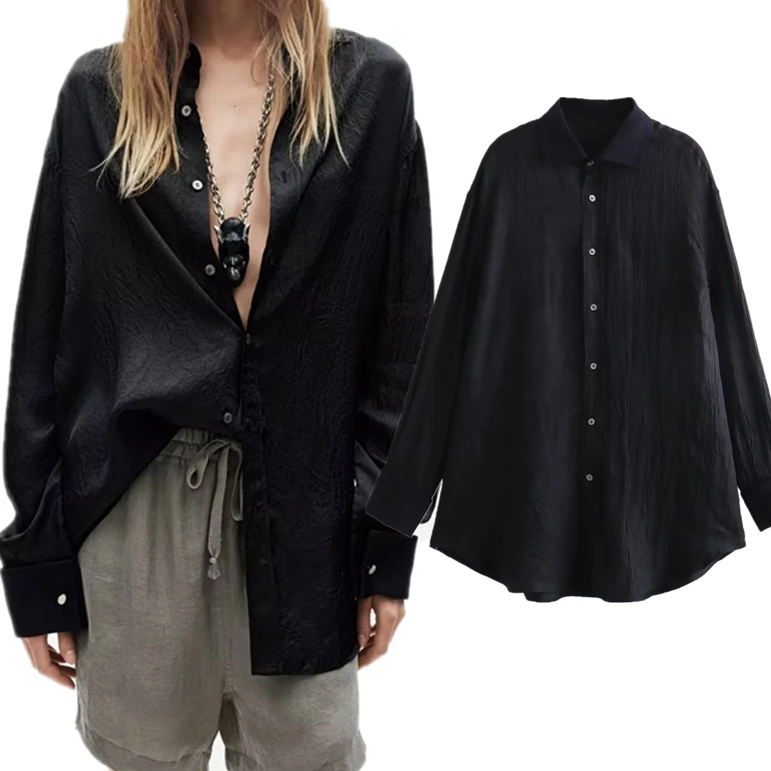 

Withered 2023 Autumn High Street Fashion Blogger Retro Satin Textured Shirt Casual Top Boyfriend Loose Black Blouse