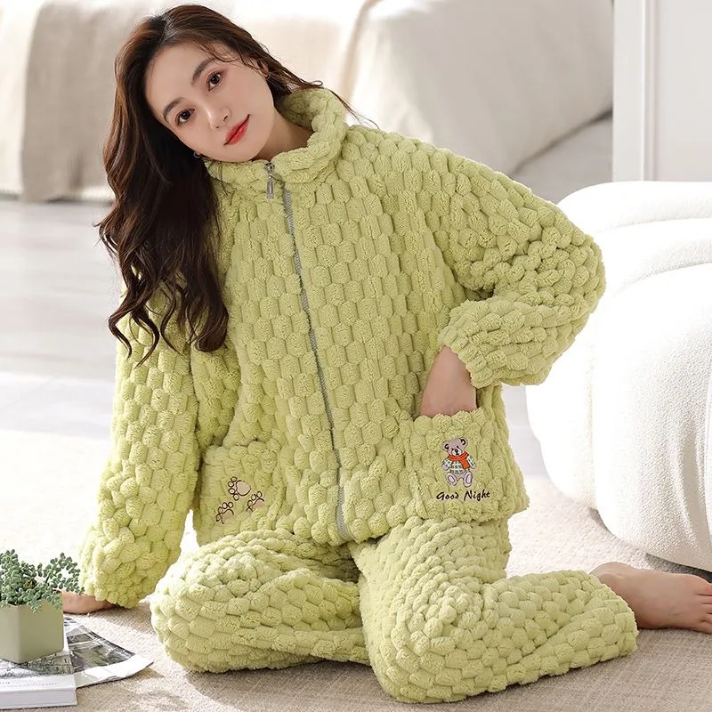 Women Flannel Pajamas Winter Thickened Fleece-lined Jacquard Loose-Fitting Loungewear Female Warm Coral Velvet Nightclothes Suit