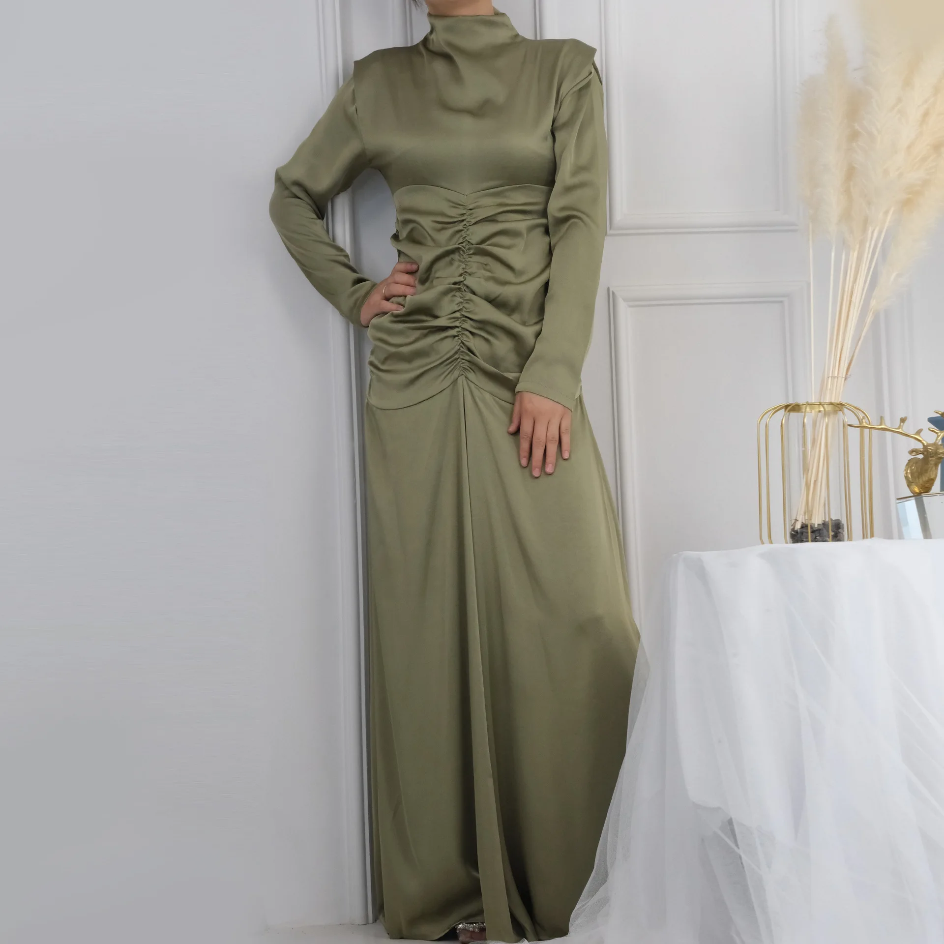 Eid Satin Abaya Dubai Luxury Turkey African Dresses for Women Plain High Collar Pleated Islam Abayas Kaftan Robe Femme Musulmane