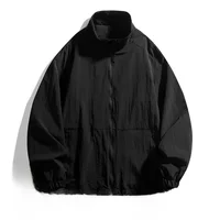 Men's Casual Busin Jaet Stand Collar Loose Fit Tee-Proof Polyester Fiber ort Sle Zipper Closure Pure Color Large Size