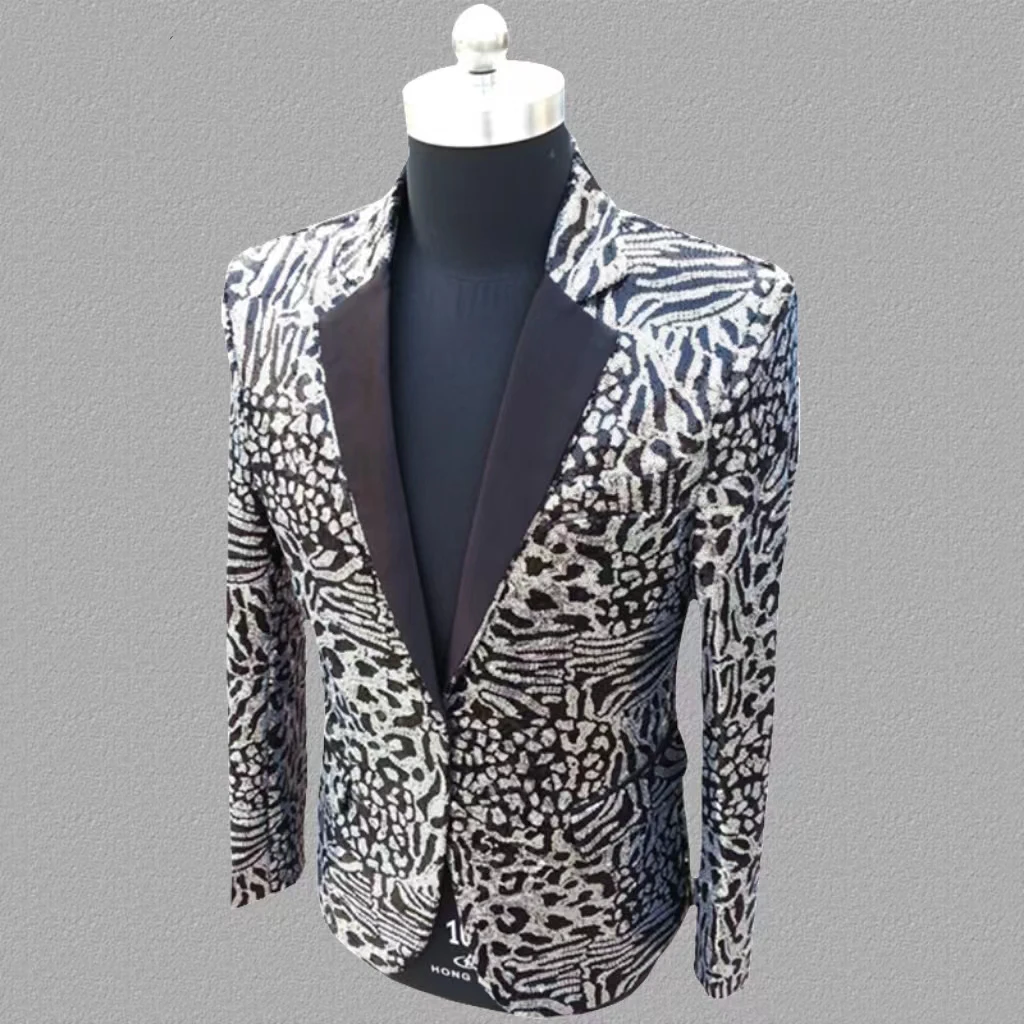 Luxury Full Men's Suit Jacket Leopard print Sequins Fashion Trends Senior Host Dress Chic Elegant Banquet Male Slim Blazer Coats