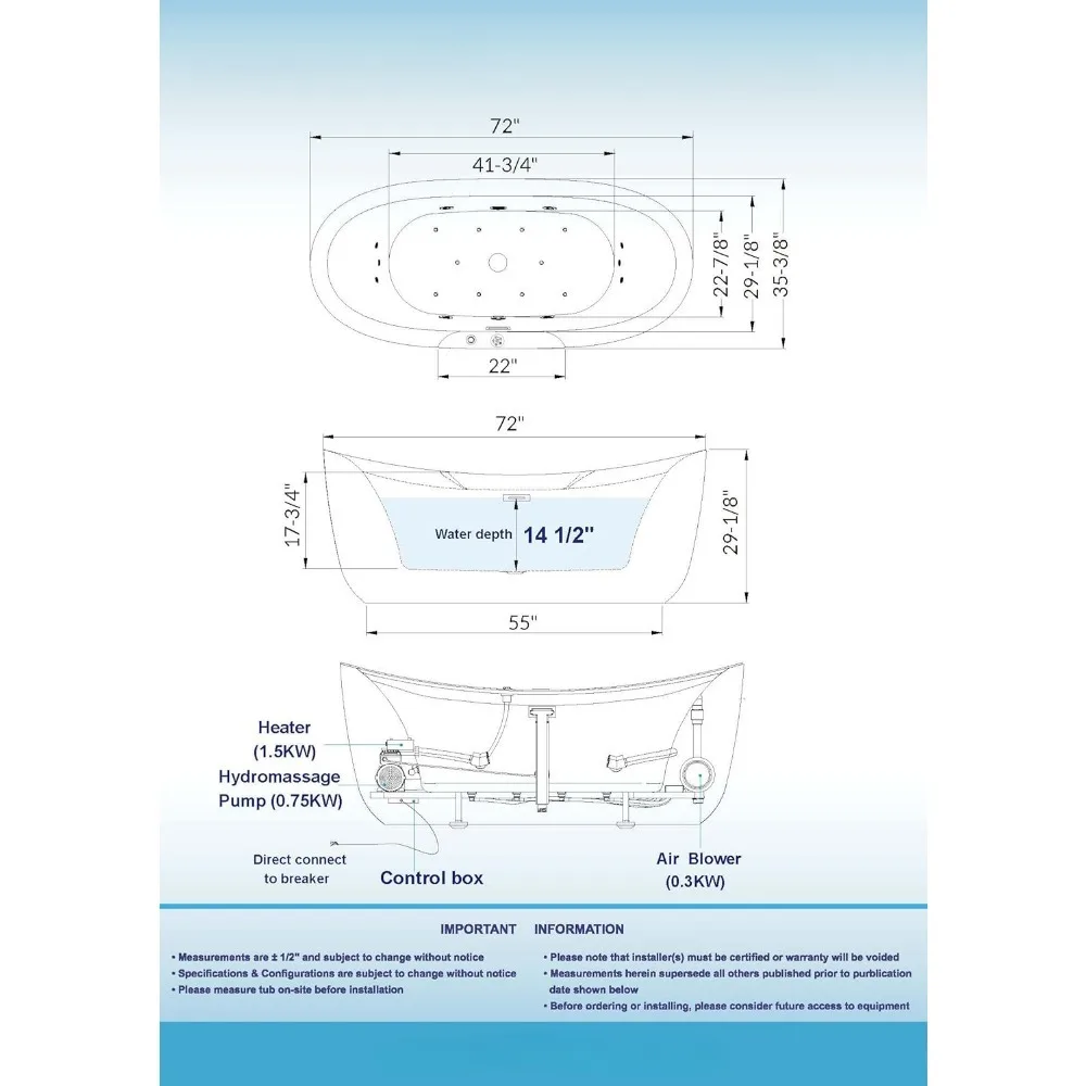 72" Freestanding Bathtub with Whirlpool Water Jetted and Air Bubble，Heated Soaking Combination Bathtub with LED Control Panel 5