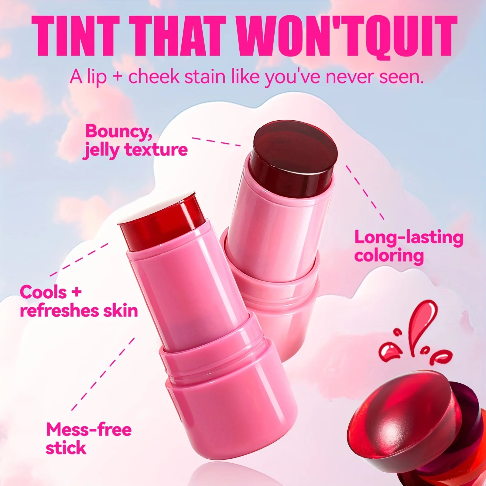 Jelly Blush Stick Makeup, Water Jelly Tint Stick, Lip and Cheek Jelly Blush Stick Lipstick, Lightweight 2