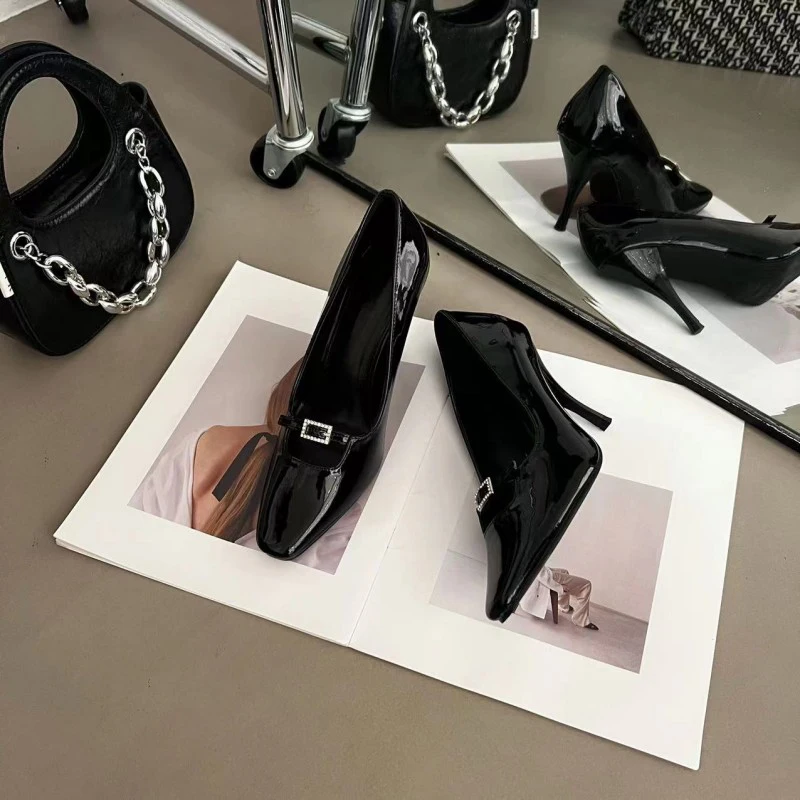 Shoes Women Mid Heel Office Lady Pumps PU Leather Black Basic Pointed Spring Autumn Loafers Female Zapatos Rhinestone Buckles