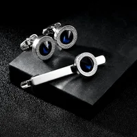 Fashionable Men's French Shirt Accessories Round Blue Crystal Cufflinks Diamond Embedded Sleeve Studs Tie Clip Wedding Gift 5