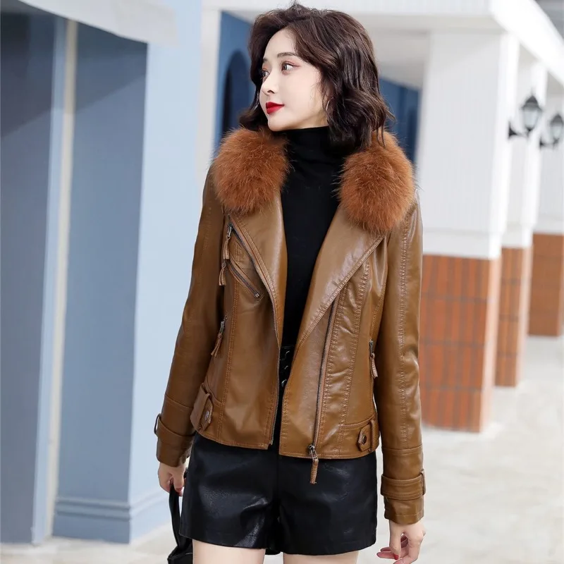 2023 Winter New Women Short Leather Jacket Fox Fur Collar Thickened Thermal Slim Fit Leather Coat Fashion Solid Color outwear