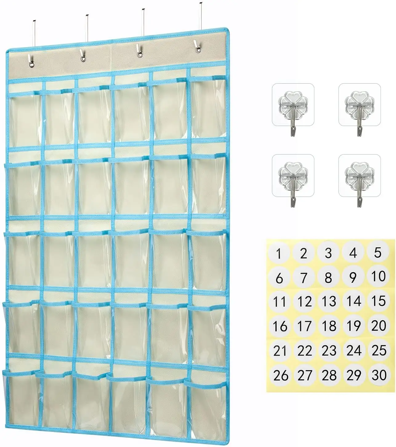 ANIZER Classroom Pocket Chart With 30 Clear Pockets - Phone & Calculator Holder, Over-The-Door Organizer (Beige)