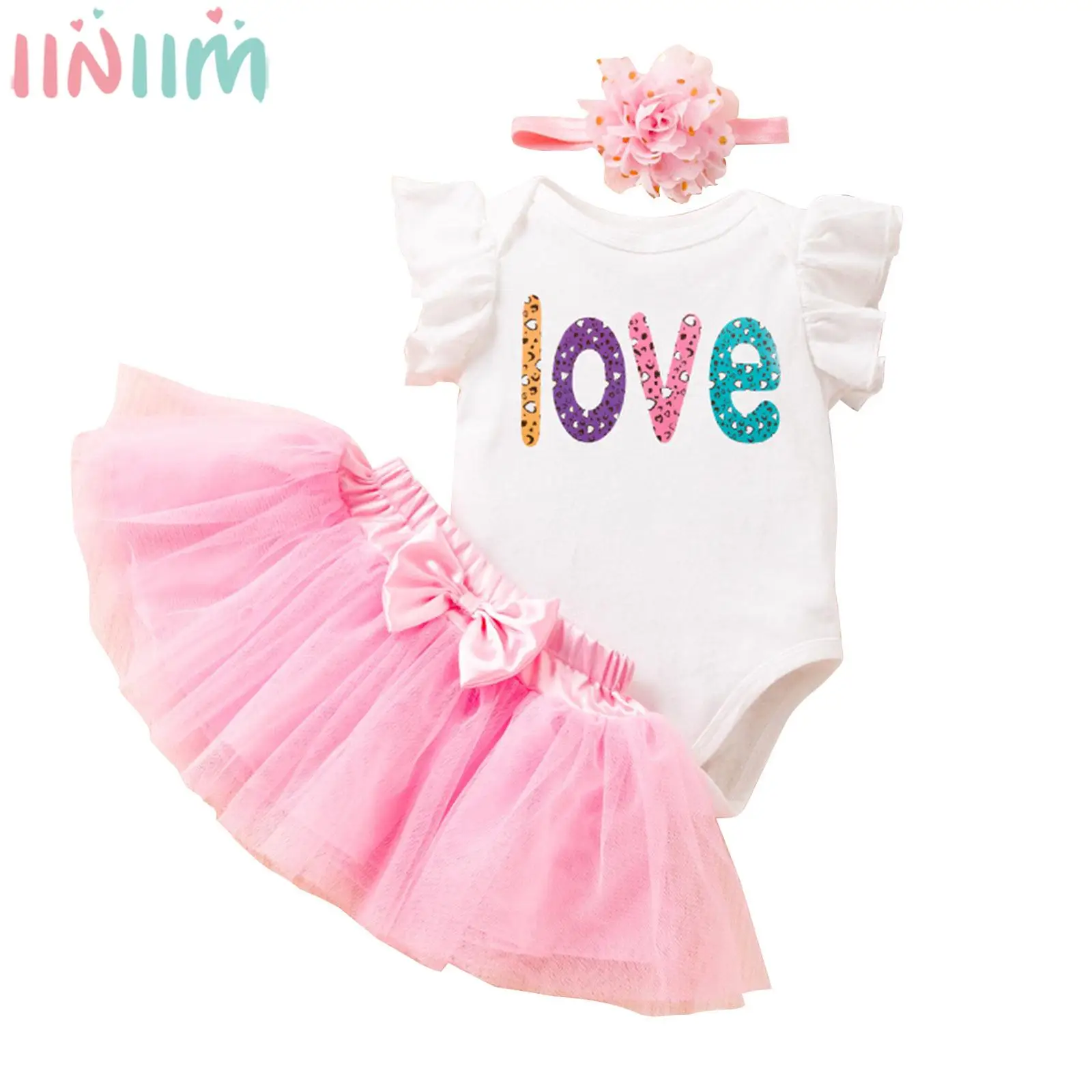 

Baby Girls Valentine Day Outfits Flying Sleeve Letter Print Romper with Tutu Princess Skirt Headband for Birthday Baptism Party
