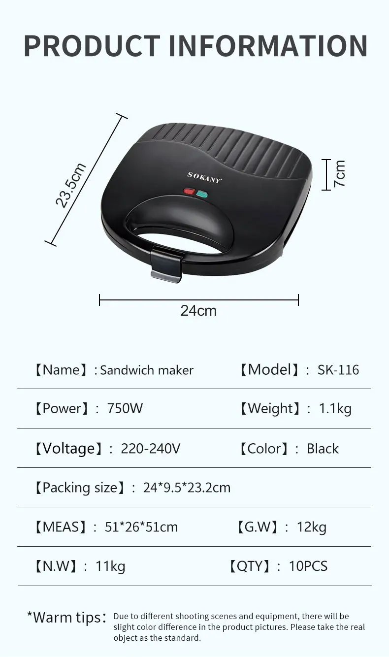 Sokany Electric Grill Sandwich Maker SK-116 Special Non-Stick Coating  Professional Thermostat Controlled Toaster Grill Maker Sandwich Maker