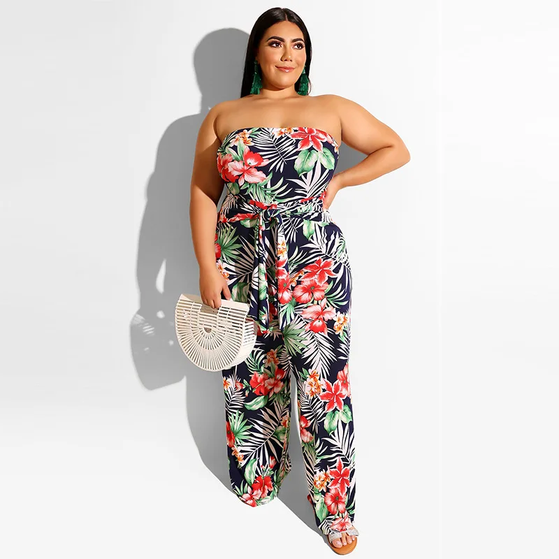 Plus Size Women 5xl Jumpsuits Floral Leaf Print One Piece Outfit 2022 Summer Casual Sleeveless Jumpsuit Wholesale Wide Leg Pants