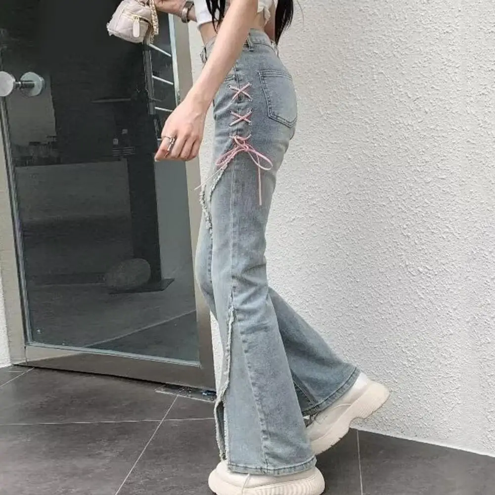 

High-waisted Denim Jeans High Waist Ripped Flared Hem Jeans with Strap Decor Patchwork Detail Women's Streetwear Long Trousers
