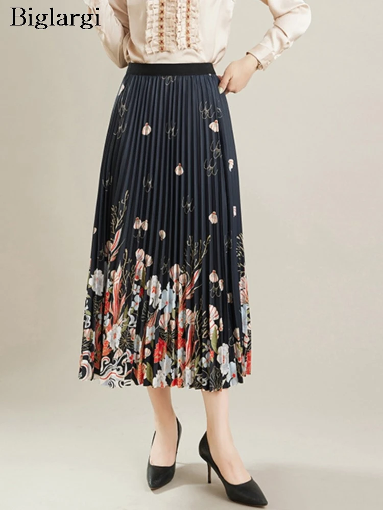 

Oversized Elastic High Waist Summer Flower Floral Print Skirt Women Fashion Ruffle Pleated Ladies Skirts Loose Woman Midi Skirt