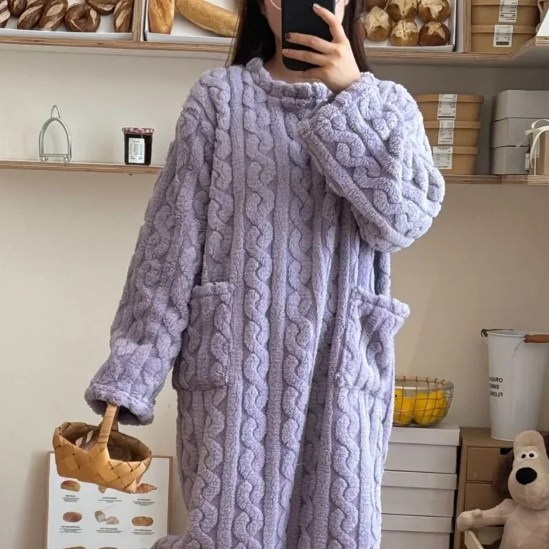 Winter Long Sleeve Double Pocket Flannel Nightgowns Women Loose Solid Sleepwear Jacquard Thickened Warm