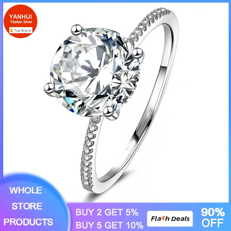 Solitaire 3 Carat Ring Original Certified Tibetan Silver Jewelry Natural 9mm Zirconia  Wedding Band For Women