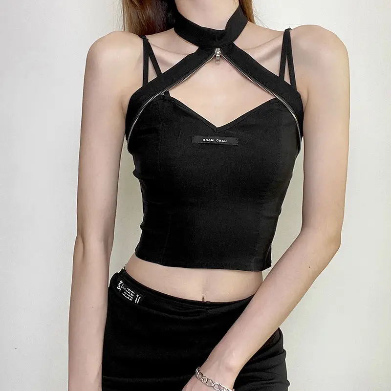 

Y2k Fashion Halter Tank Tops Women Sexy Slim Hollow Spaghetti Strapless Black Crop Top Woman Summer New