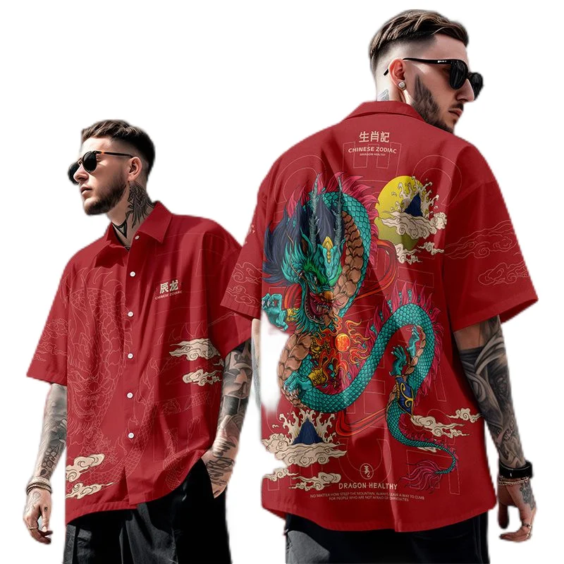 

Ethnic Chinese Dragon Year 3D Print Blouses Funny Design Gifts Short Sleeve China Loong Graphic Lapel Blouse Boy Shirts Y2k Tops